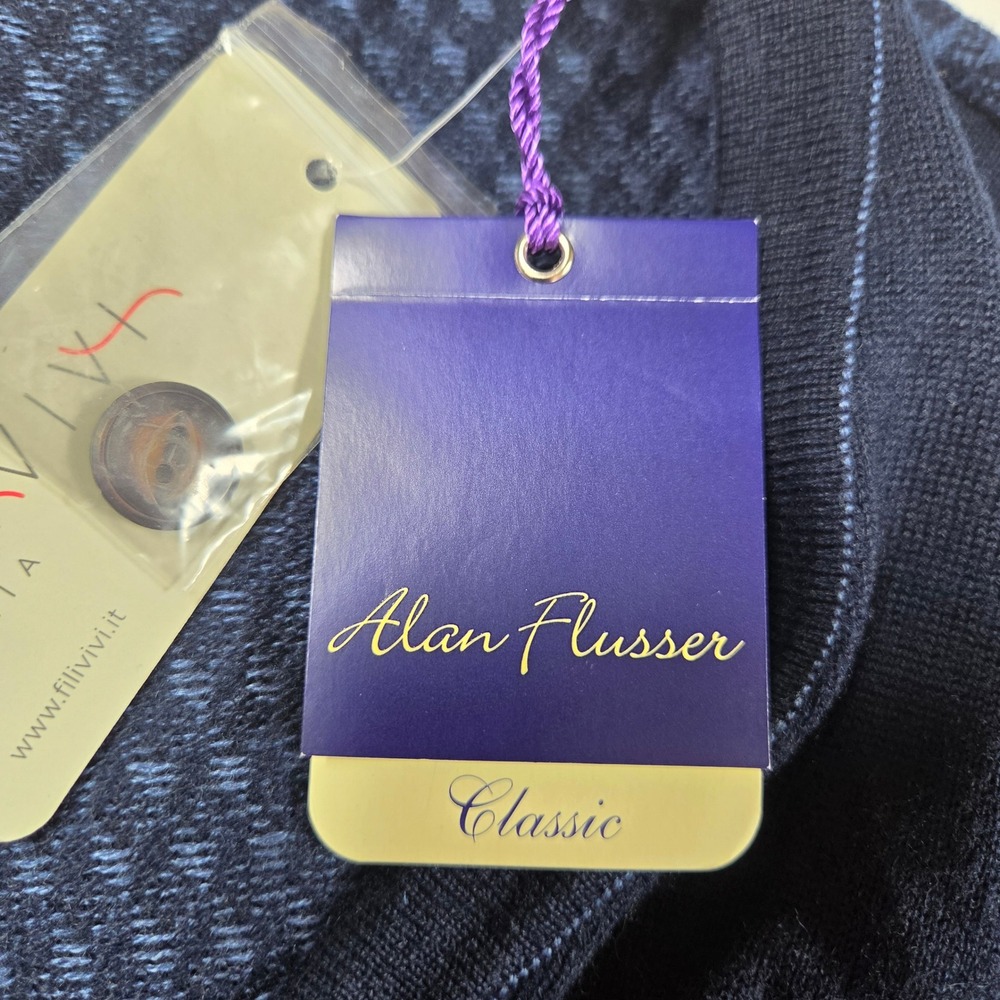 Alan Flusser Classic Mens Navy Blue Merino Wool Blend Cardigan Sweater Large NWT - Picture 6 of 11